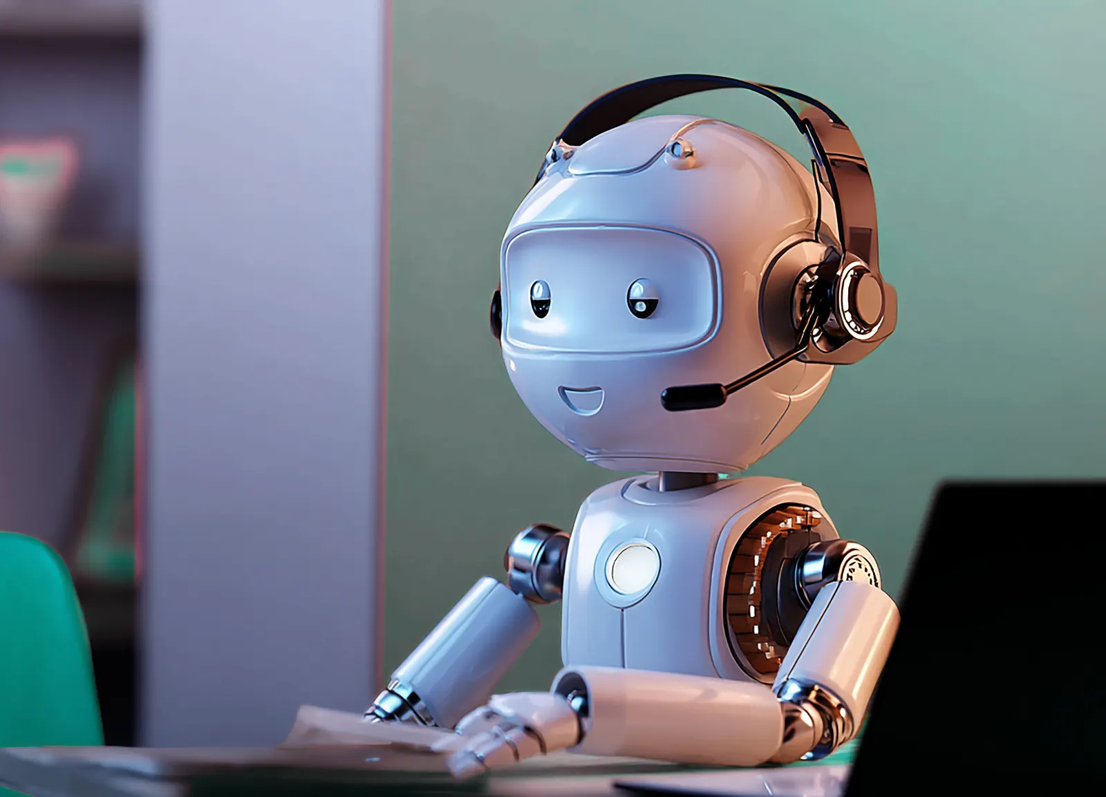 Roboter mit Headset am Arbeitsplatz im Kundenservice